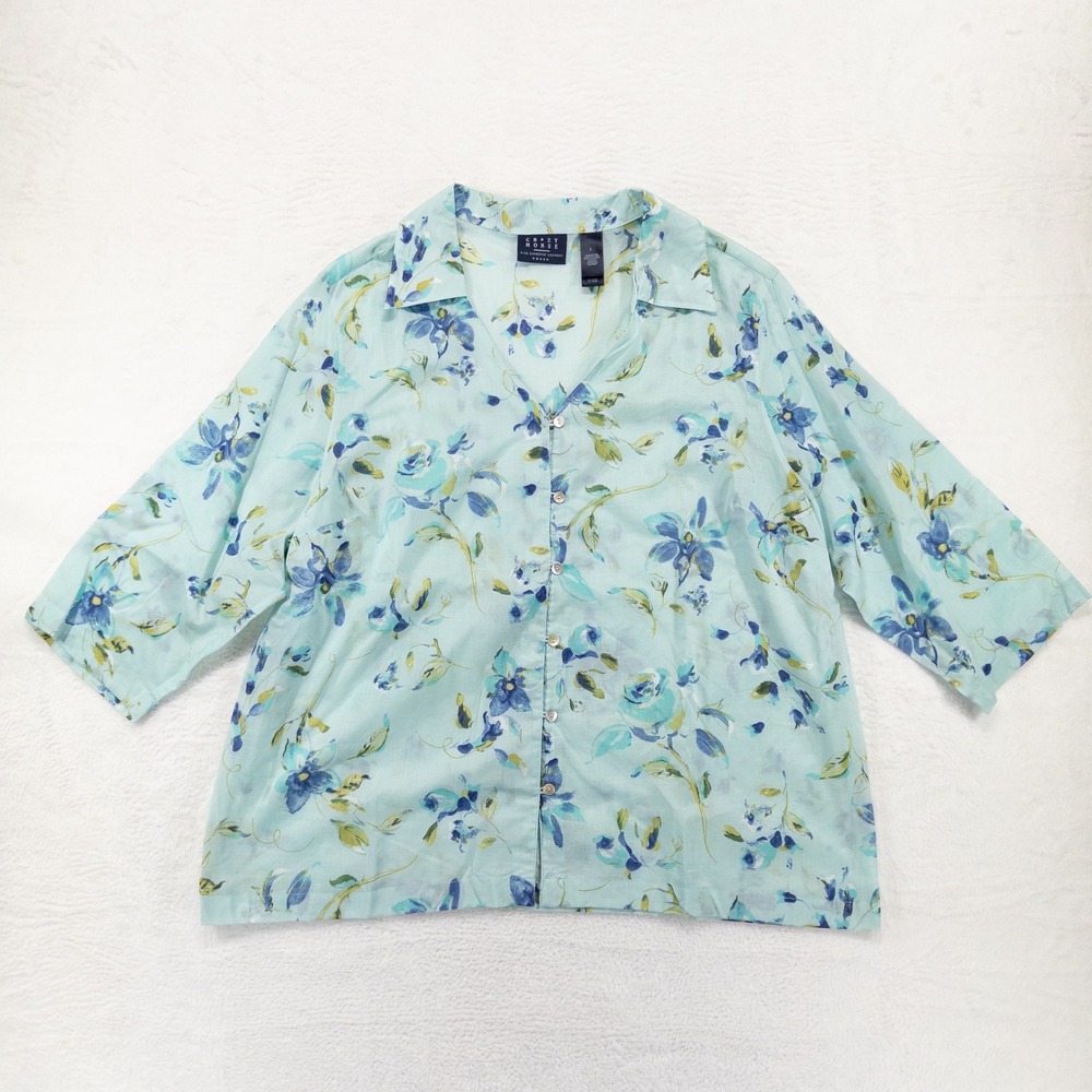 Crazy Horse Woman Shirt 2X Aqua Blue Floral Cotton 3/4 Sleeve Button Down Blouse